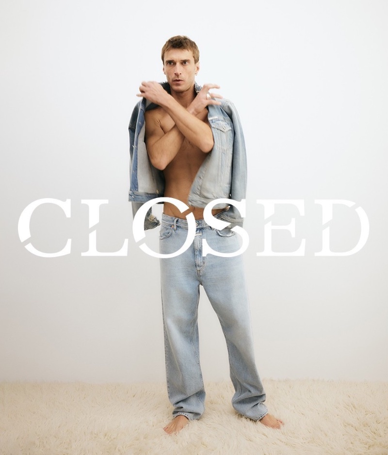 Clément Chabernaud models a double-denim outfit for Closed's summer 2024 denim campaign.