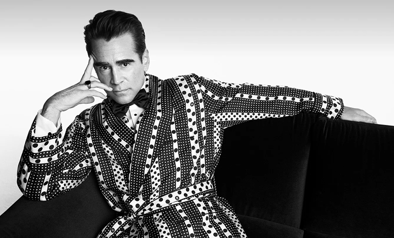 Colin Farrell poses in a bold, polka dot dressing gown for the Dolce & Gabbana Sartoria campaign.