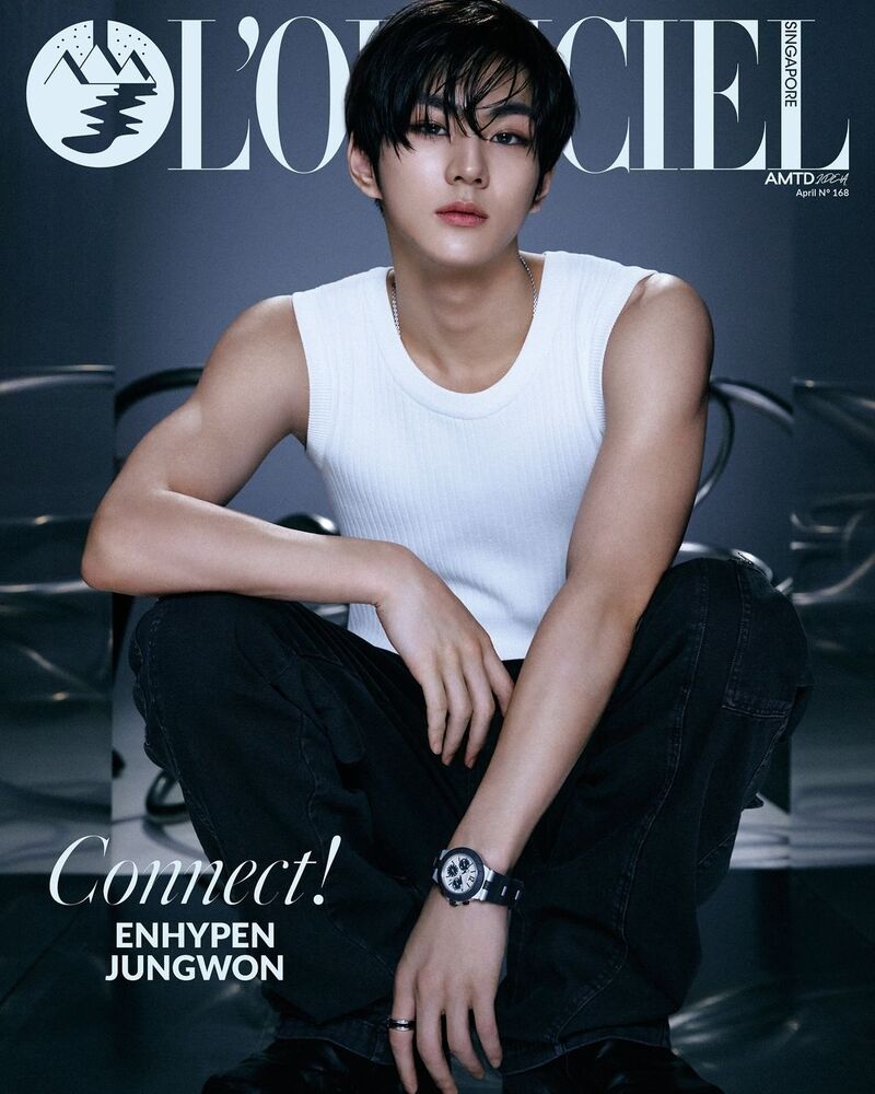 Jungwon of ENHYPEN covers L'Officiel Singapore's April 2024 issue in a white sleeveless top and BVLGARI jewelry.