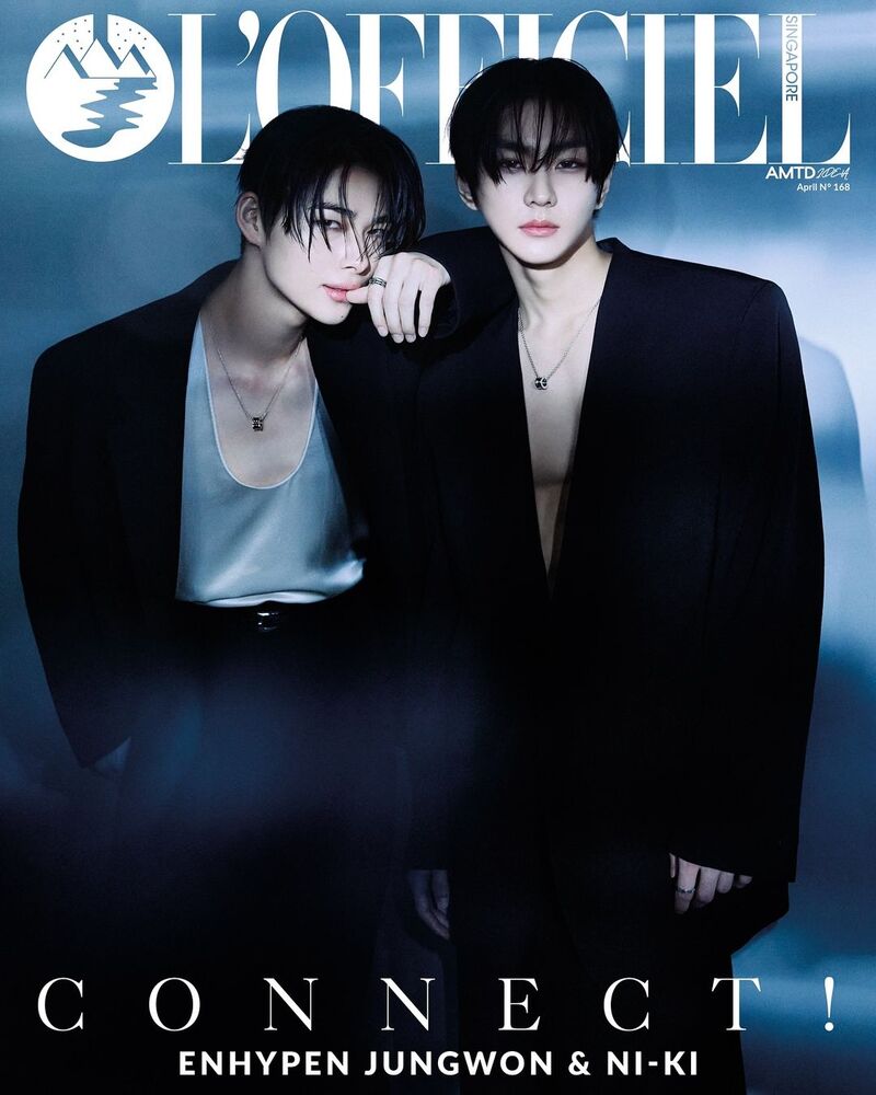 Ni-ki and Jungwon of ENHYPEN captivate in sleek black ensembles with BVLGARI jewelry for L'Officiel Singapore's April cover.