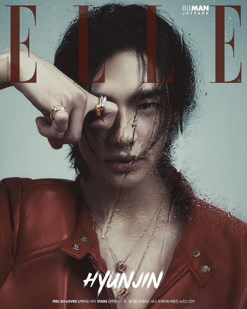 Hyunjin, adorned in a red leather jacket and Cartier jewelry, covers Elle Korea's May 2024 issue.