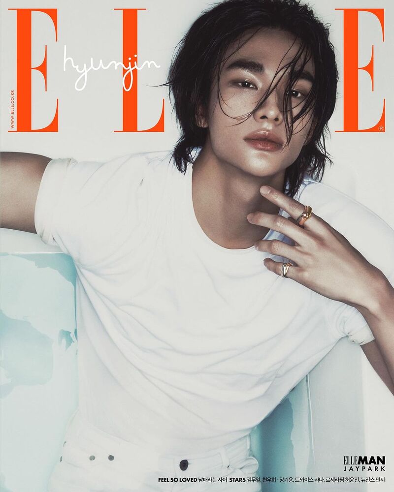 In a simple white tee, Hyunjin's allure is amplified by Cartier jewelry on Elle Korea's May 2024 issue.