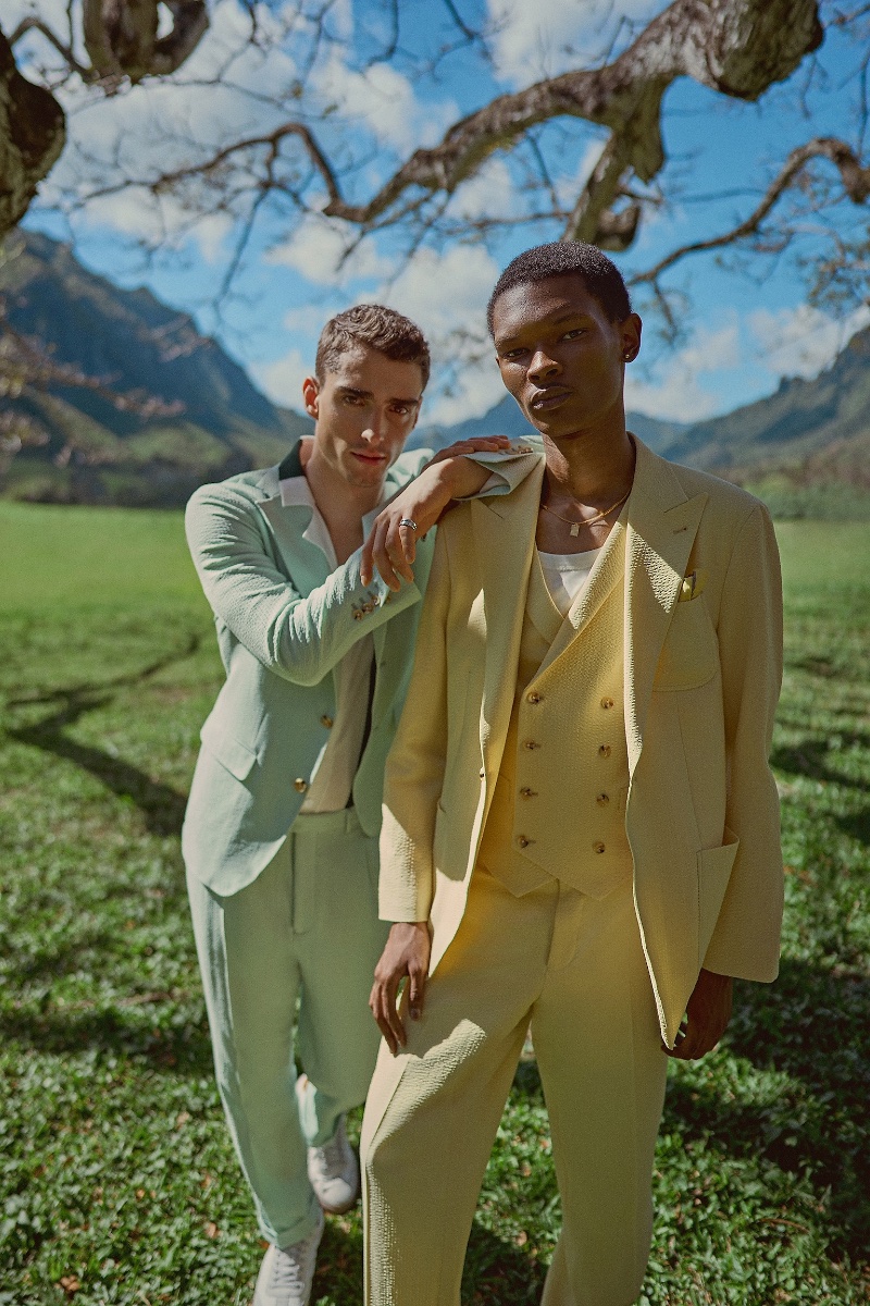 Models Kane Roberts and Jabali Sandiford wear pastel suits for Indochino's spring-summer 2024 campaign.