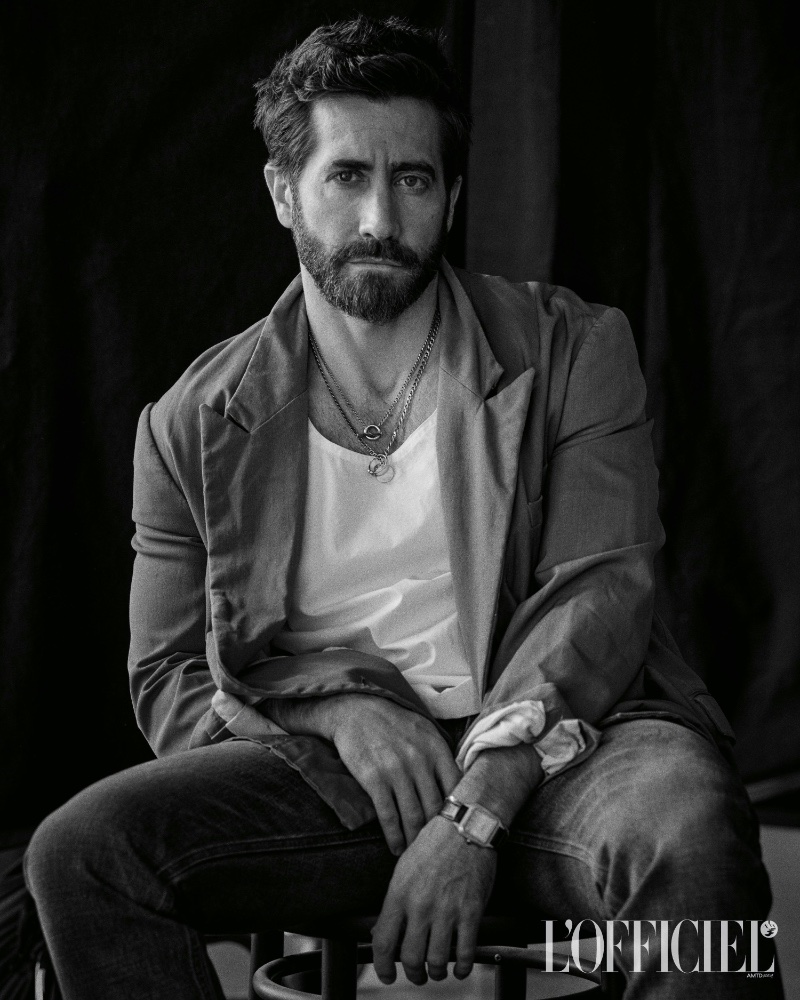 Jake Gyllenhaal effortlessly combines a Dries Van Noten blazer, Hermes tank, and Celine jeans in his appearance for L'Officiel Hommes Italia.