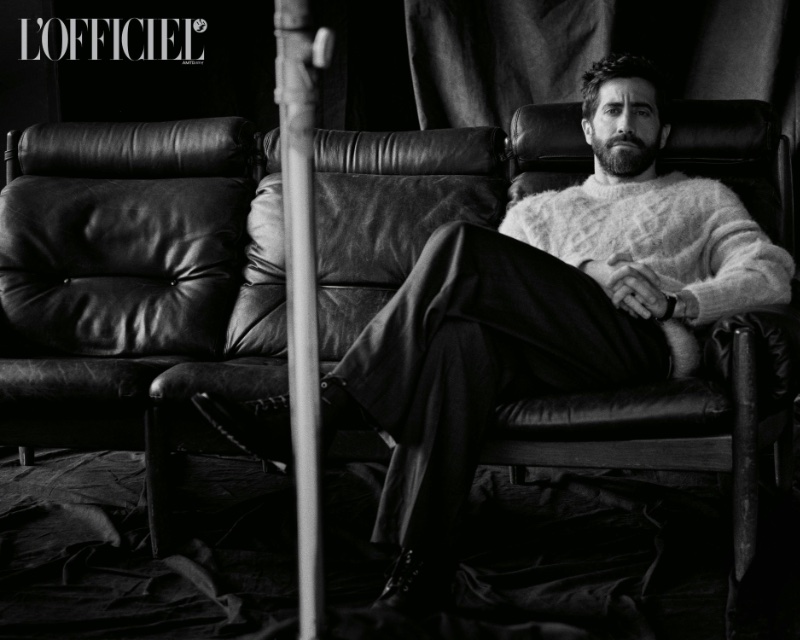In his L'Officiel Hommes Italia shoot, Jake Gyllenhaal opts for an Isabel Marant sweater and trousers, paired with Gabriela Hearst boots for a sophisticated look.