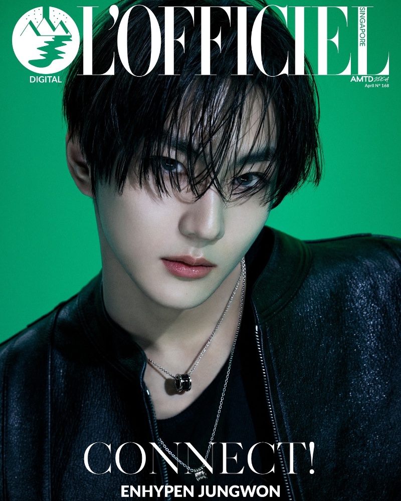 ENHYPEN's Jungwon covers L'Officiel Singapore's April 2024 issue in a leather jacket and BVLGARI jewelry. 