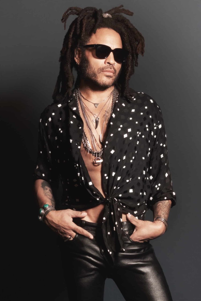 Lenny Kravitz exudes cool in a knotted black-and-white shirt and leather pants for Yves Saint Laurent's Y Elixir fragrance campaign.