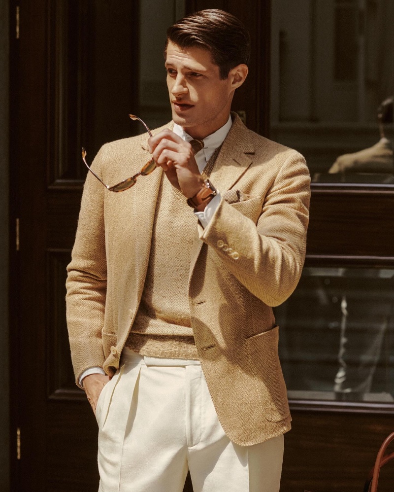 Mattia Regonaschi models a Hadley jacket from the Ralph Lauren Purple Label spring-summer 2024 collection.