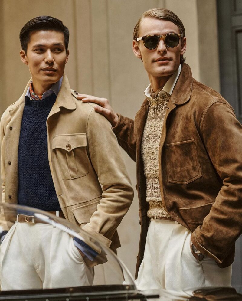 Dae Na and Noah Teicher inspire in neutral-colored layers from the Ralph Lauren Purple Label spring-summer 2024 collection.