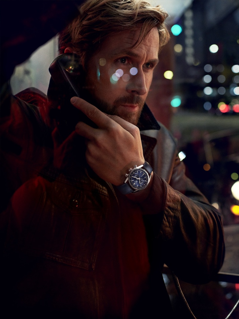 Ryan Gosling sports the blue 39mm TAG Heuer Carrera Chronograph.