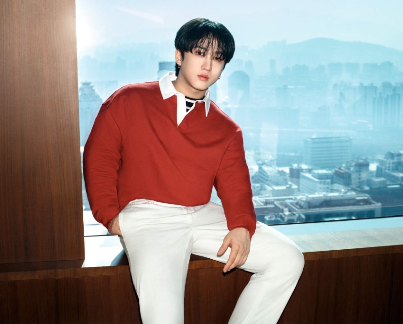 Changbin makes a statement in red for Tommy Hilfiger's spring 2024 campaign.