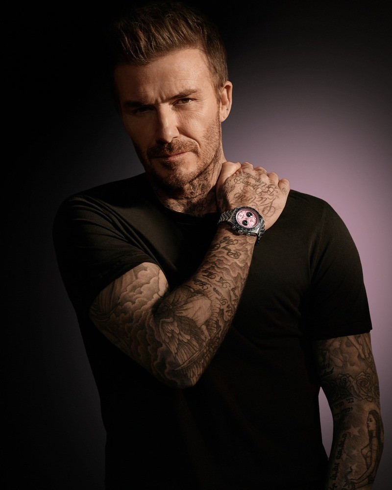David Beckham showcases his ink and the TUDOR Black Bay Chrono Pink watch.