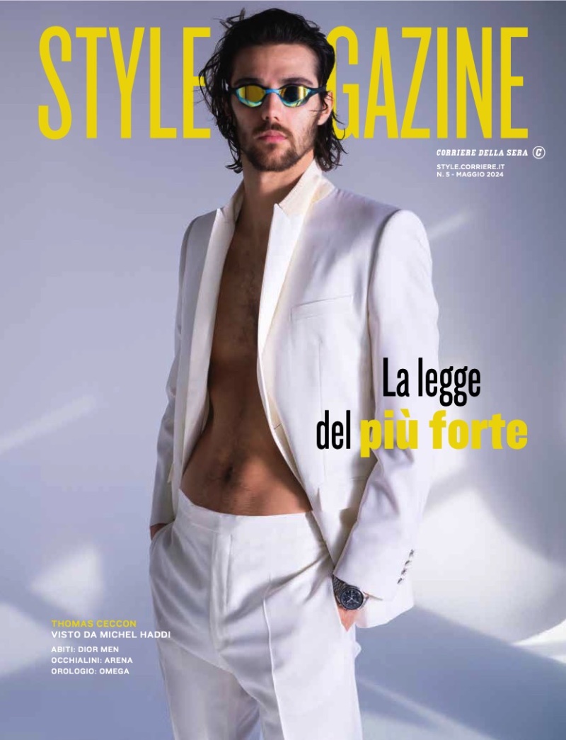 Thomas Ceccon graces the cover of Corriere della Sera Style in a white Dior suit for the May 2024 issue.