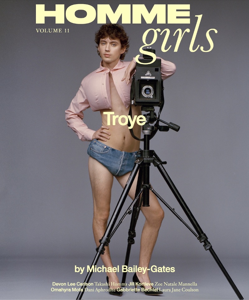 Troye Sivan covers HommeGirls in a Duran Lantink shirt and bubble jeans with Manolo Blahnik pumps.
