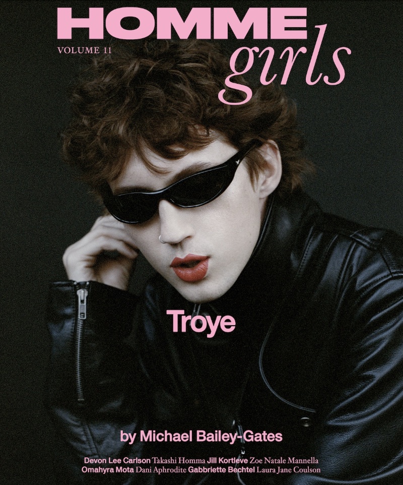 Singer Troye Sivan sports a Willy Chavarria leather jacket with vintage sunglasses for the cover of HommeGirls.