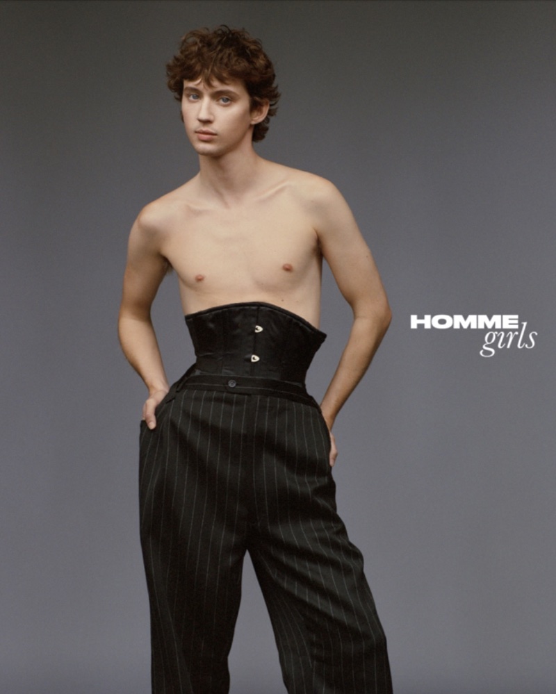 In front and center, Troye Sivan wears custom Miss Claire Sullivan corset trousers.