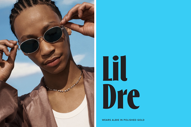 Lil Dre wears Albie sunglasses from Warby Parker's summer 2024 collection.