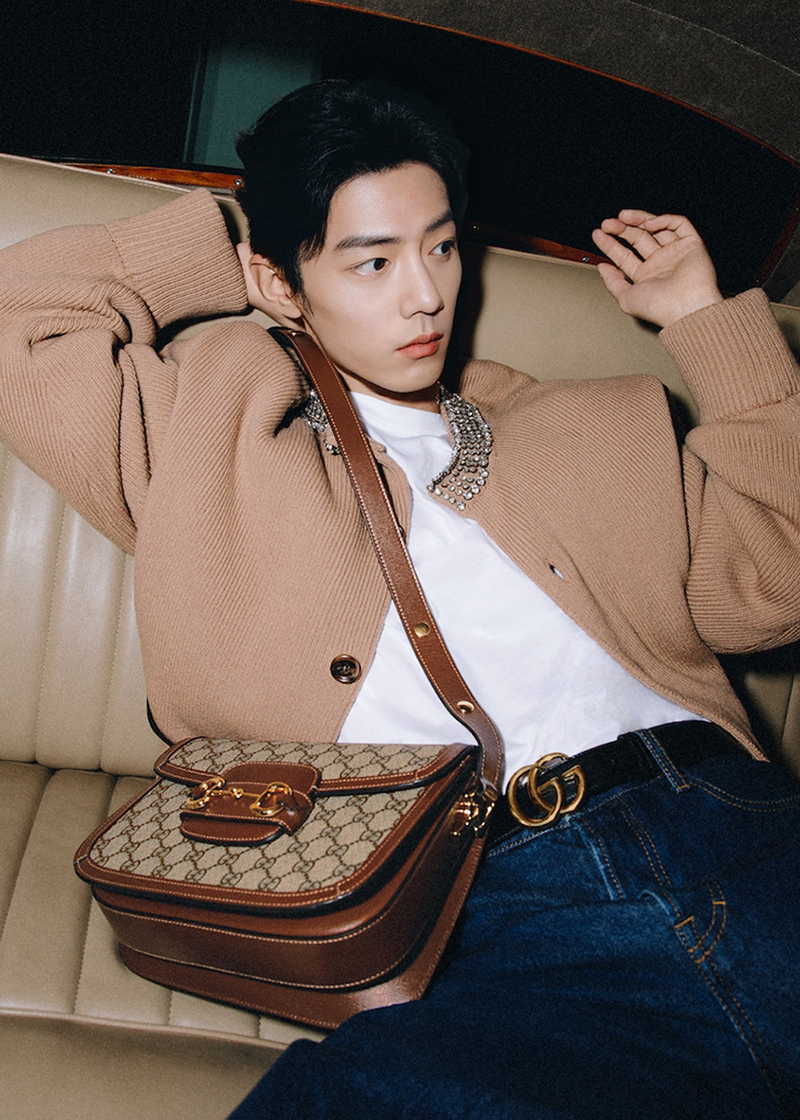 Chic in a camel-colored cardigan, Xiao Zhan captivates in the Gucci Horsebit 1955 bag ad.