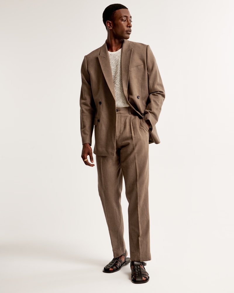 A dark brown linen-blend suit from Abercrombie & Fitch provides a sophisticated look. 