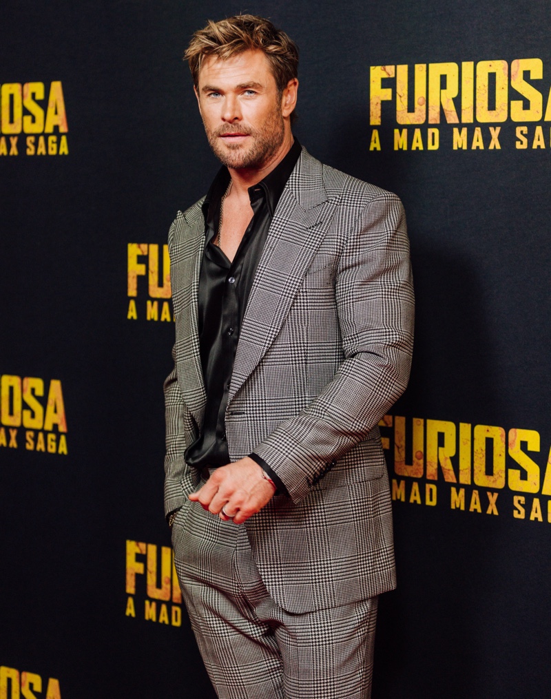 Hitting the red carpet for the Australian premiere of Furiosa: A Mad Max Saga, Chris Hemsworth dons a Tom Ford houndstooth suit. Photo: Warner Bros. Pictures