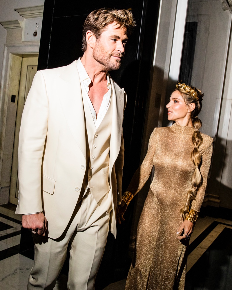 Pictured leaving The Carlyle with his wife Elsa, Chris Hemsworth wears a Tom Ford look for the 2024 Met Gala.
