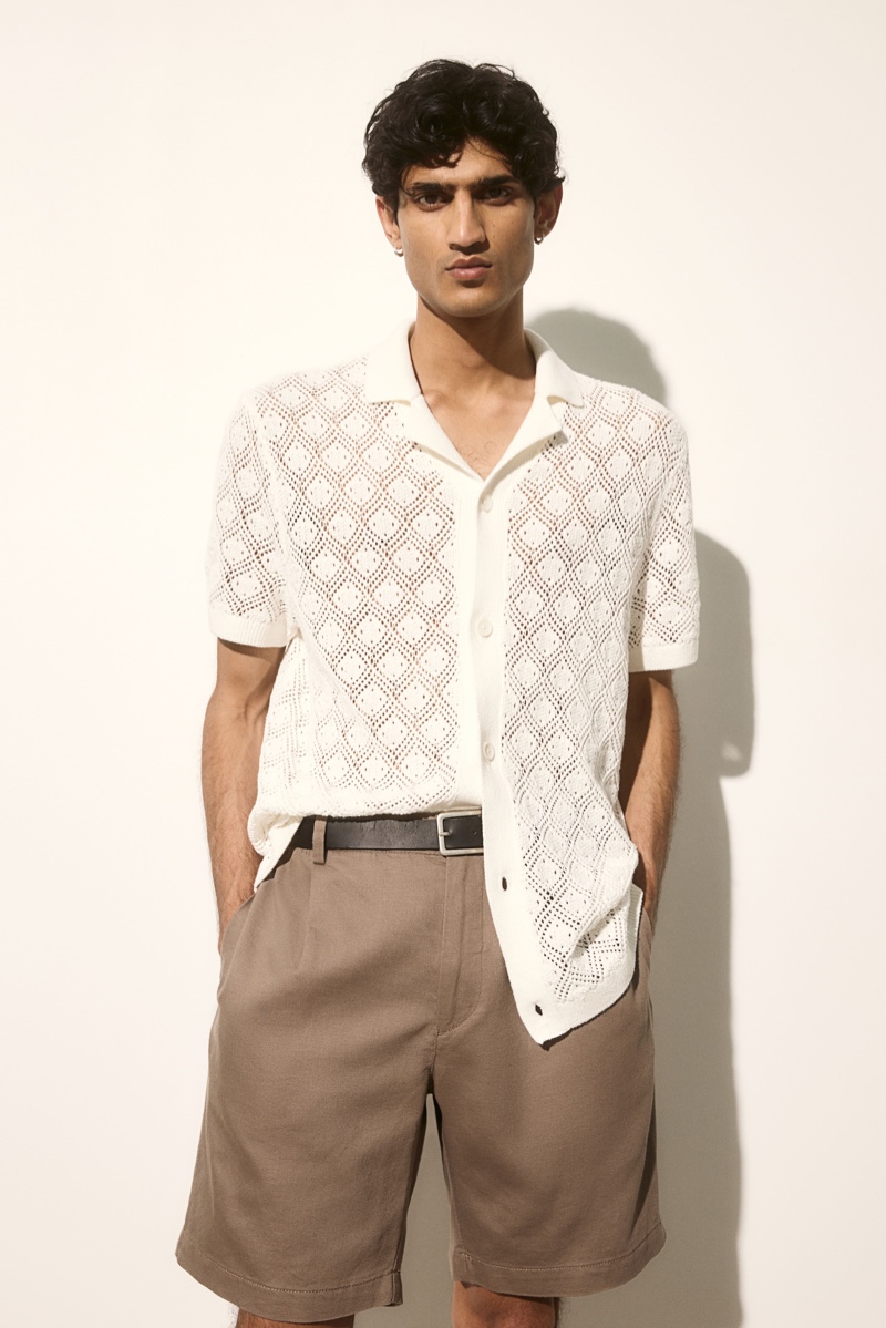H&M champions the latest trends with a crochet textured shirt.