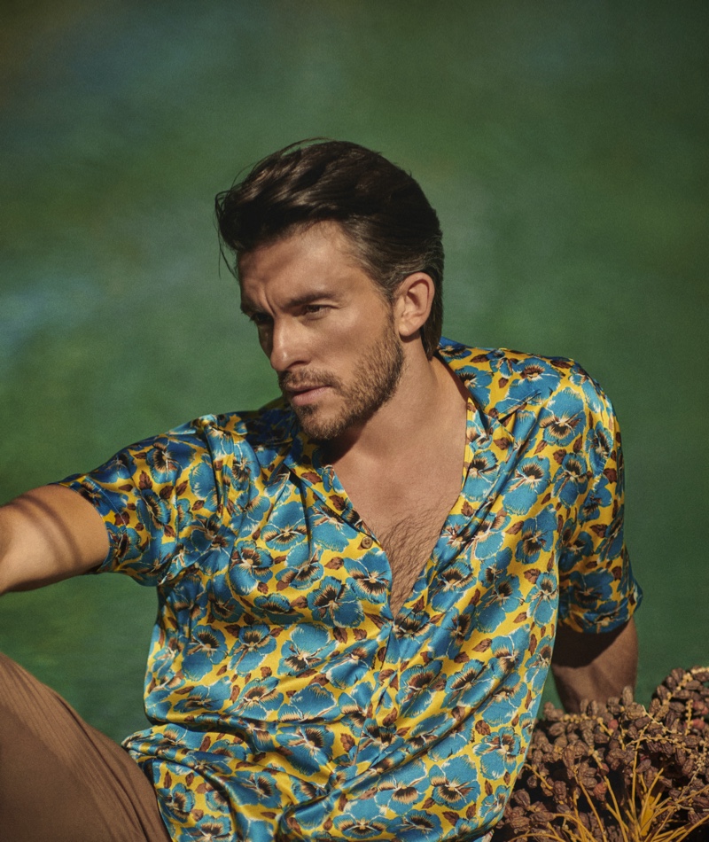 Actor Jonathan Bailey fronts Orlebar Brown's summer 2024 campaign, donning a silk shirt. 