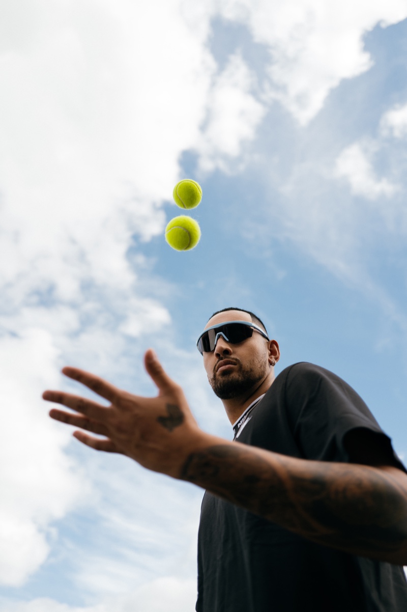 Nick Kyrgios sports the baby blue and grey Nick Kyrgios x Illesteva 1 sports frames. 