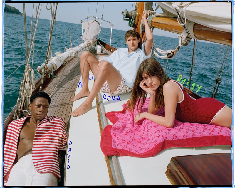 David Jonsson, Aliocha Schneider, and Daisy Edgar-Jones star in the Gucci Lido campaign. 