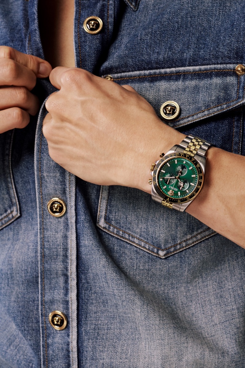 Versace has us seeing green with its Greca Chrono Wave watch. 