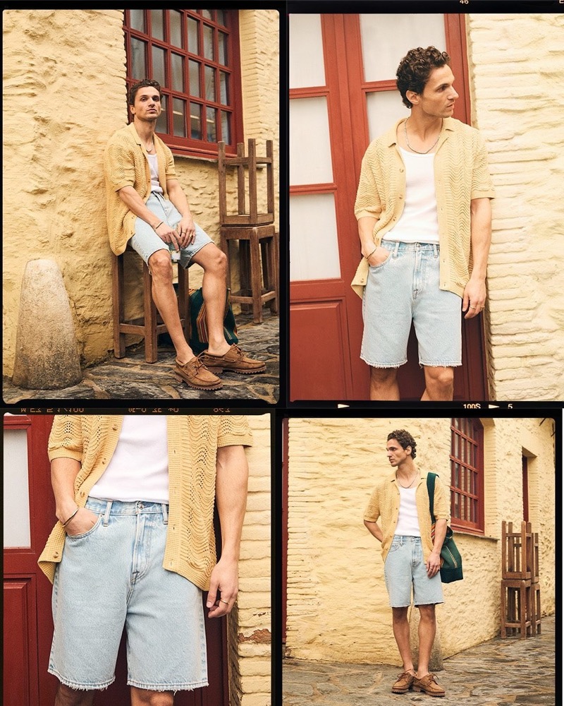 Abercrombie & Fitch's wavy crochet-style button-through yellow sweater polo makes a summery splash, paired with loose denim shorts. » Abercrombie & Fitch's Vacation Shop Edit Feels Right on Time Abercrombie & Fitch's wavy crochet-style button-through yellow sweater polo makes a summery splash, paired with loose denim shorts.