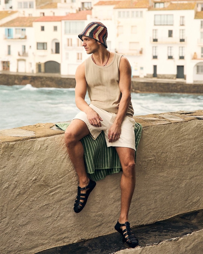 Embracing vacation style, Mergim Shabani wears a taupe ribbed tank top with pull-on shorts. » Abercrombie & Fitch's Vacation Shop Edit Feels Right on Time Embracing vacation style, Mergim Shabani wears a taupe ribbed tank top with pull-on shorts.