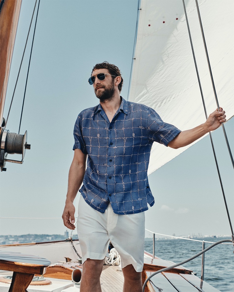 British model Will Chalker sets sail with Brioni and its Riviera collection. 