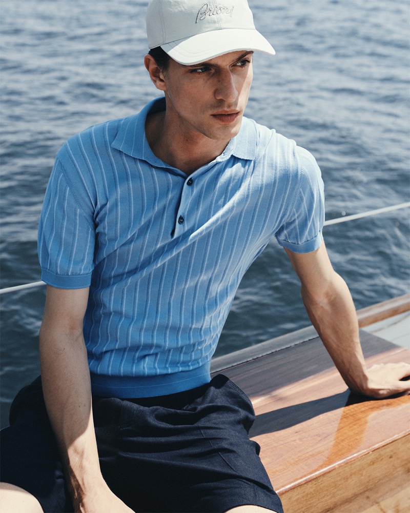 A smart polo shirt makes a splash in blue for Brioni's Riviera collection.