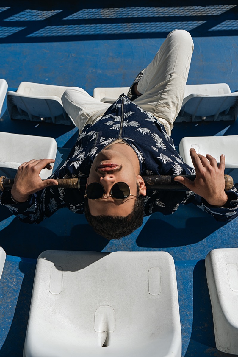 Davide wears shirt Ports 1961, jacket Department 5, pants Mastai Ferretti, shoes Converse All Star, and sunglasses Ray-Ban. » Ballpark Style Steps Up with Modern Tailored Statements Davide wears shirt Ports 1961, jacket Department 5, pants Mastai Ferretti, shoes Converse All Star, and sunglasses Ray-Ban.