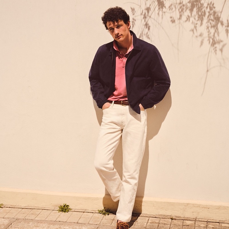 The J.Crew polo and navy Harrington jacket bring sharp balance to ecru denim jeans. » J.Crew Embraces a Fabric-First Take on Summer Style The J.Crew polo and navy Harrington jacket bring sharp balance to ecru denim jeans.
