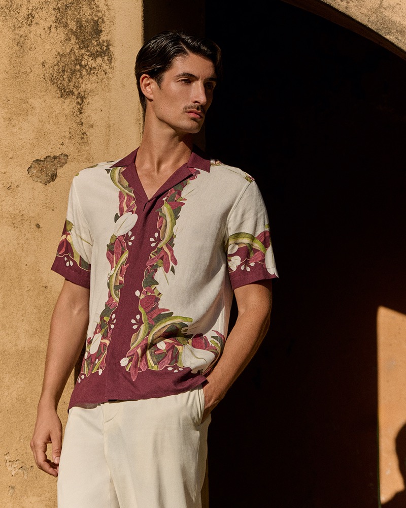 A linen Orchis print capri collar shirt channels a retro attitude. » Orlebar Brown Summer 2025 Taps Into Sun-Soaked Nostalgia A linen Orchis print capri collar shirt channels a retro attitude.