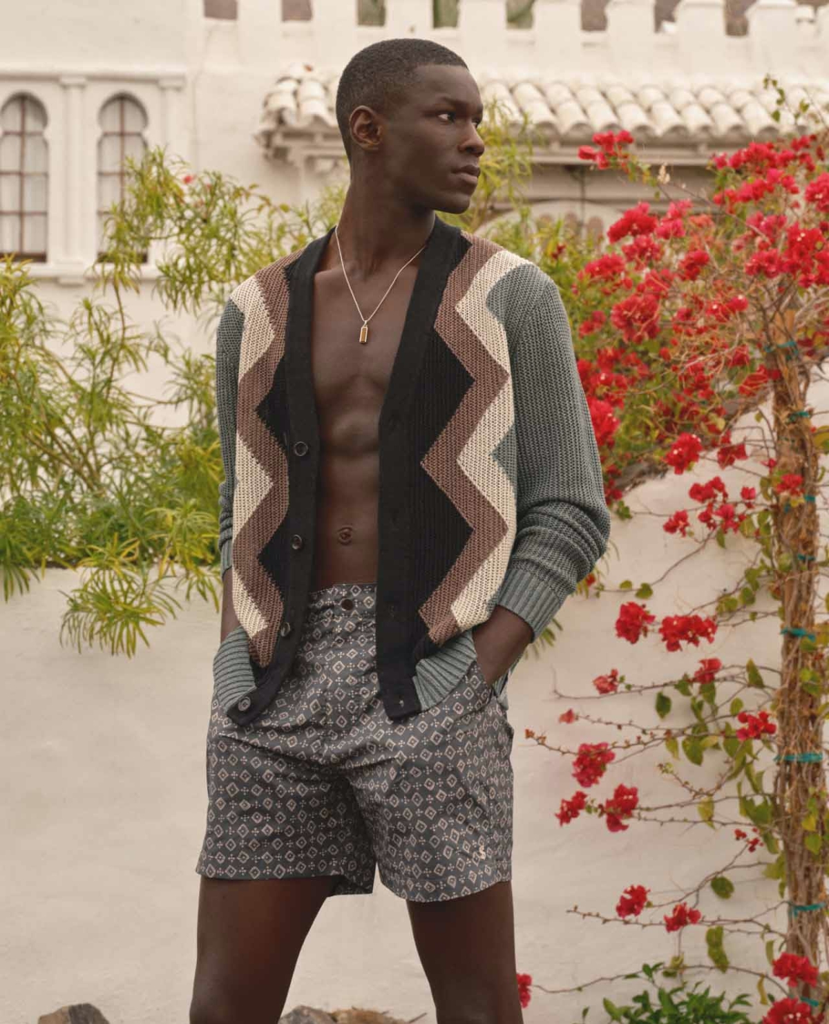 Todd Snyder's patterned trunks contrast a bold, graphic cardigan. » Todd Snyder Makes Swimwear the Center of Summer Todd Snyder's patterned trunks contrast a bold, graphic cardigan.