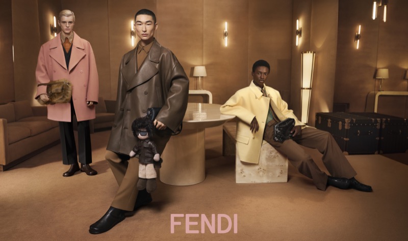 Models Finn Collins, Sang Woo Kim, and Nonso Ojukwu front the Fendi fall-winter 2025 campaign. 