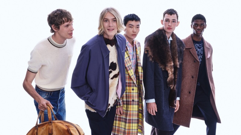 Chandler Frye, Nand Quivreux, Xie Binghuan, Noah Bates, and Awwal Adeoti front the Prada fall-winter 2025 campaign.