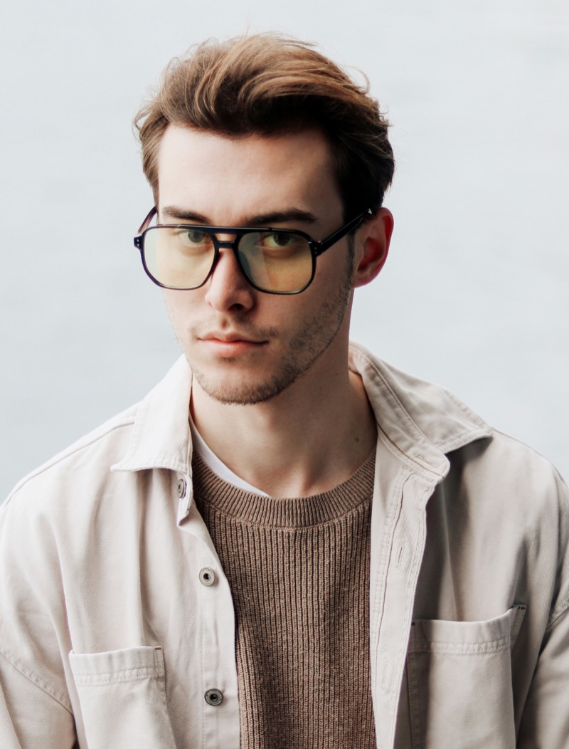 man wearing tinted aviator sunglasses