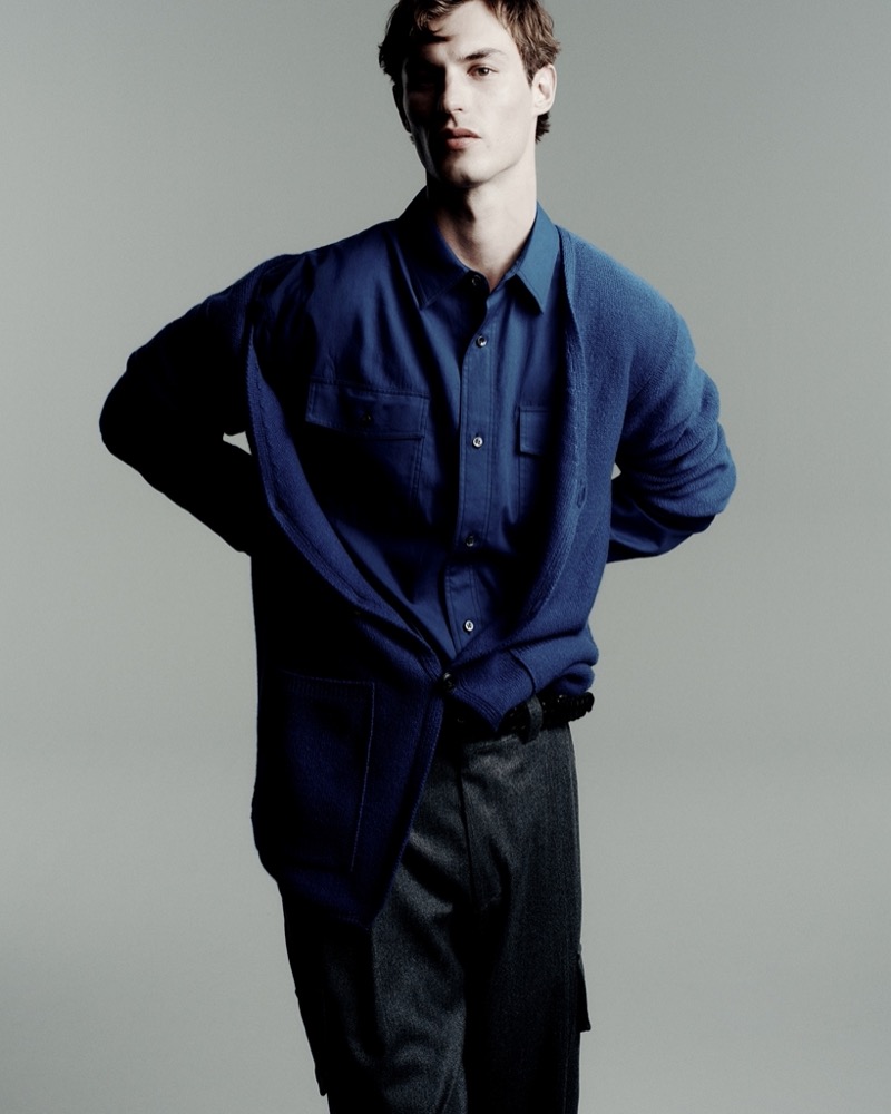 Kit Butler shines in blue and charcoal for Giorgio Armani. 
