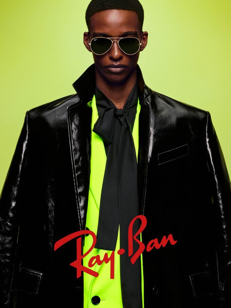 Sporting acid green, Samuel Elie brings his look together with Aviators for the Ray-Ban Icons campaign.
