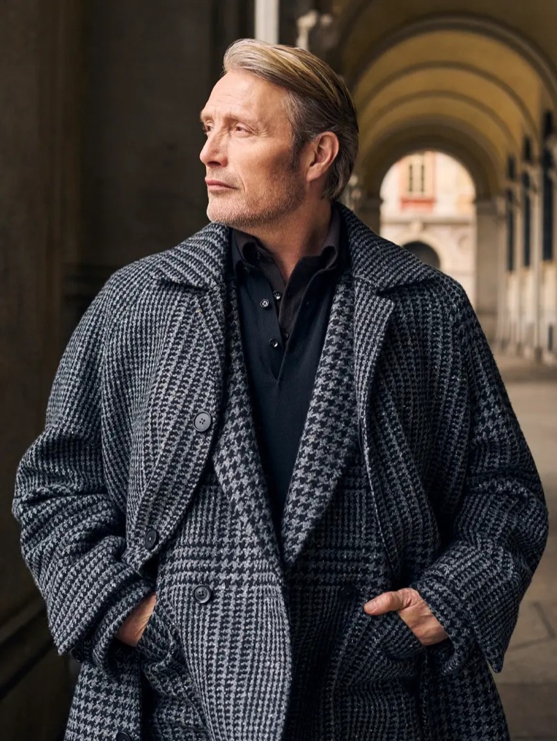 Mads Mikkelsen Zegna winter 2025 campaign houndstooth coat