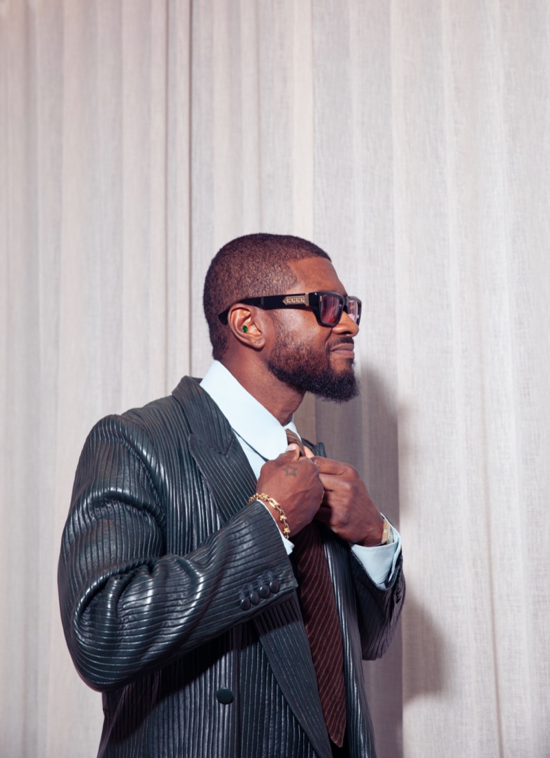 Usher striped leather double-breasted jacket AMIRI