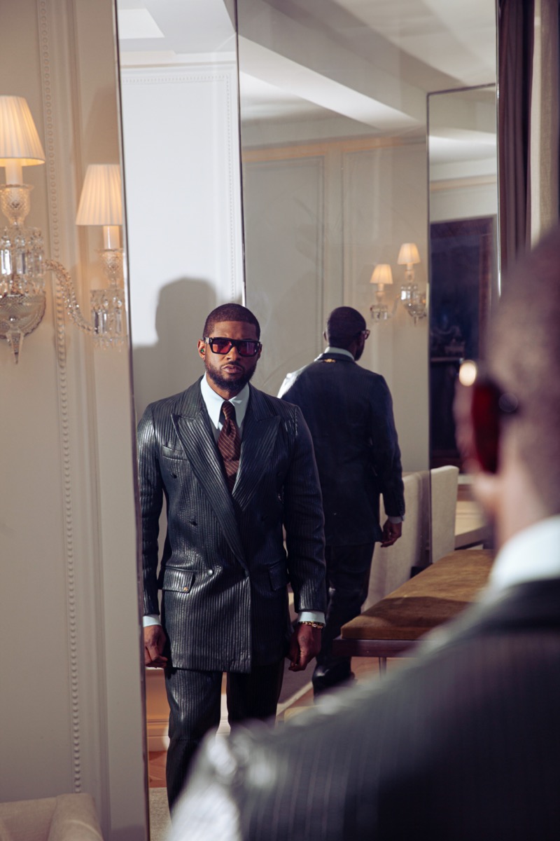 Usher wears leather double-breasted suit AMIRI