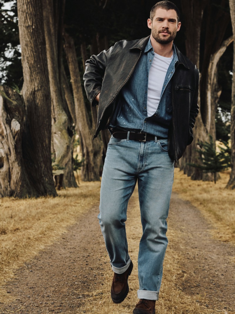 David Corenswet Banana Republic October Edit 2025 leather jacket jeans