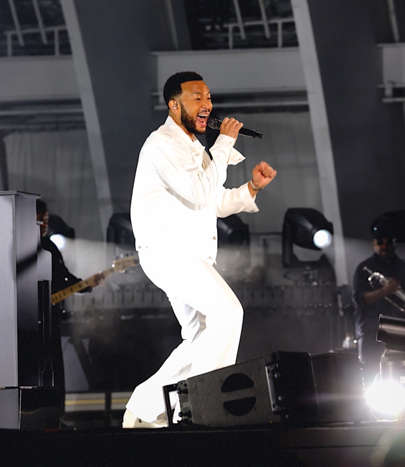 John Legend Gap white satin trousers jacket