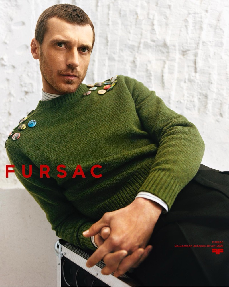 Clément Chabernaud stars in the Fursac fall-winter 2025 campaign, wearing a green sweater with pins at the shoulders