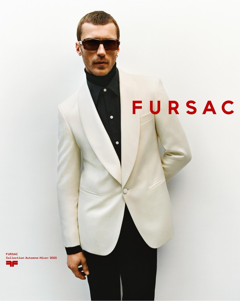 Clément wears an ivory dinner jacket from Fursac's fall-winter 2025 collection